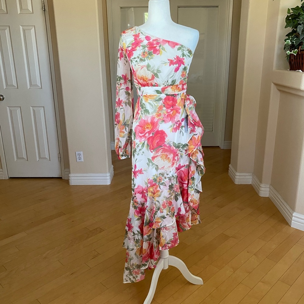 Lulus Floral One Shoulder Asymmetrical Hem Dress - Pink and Green